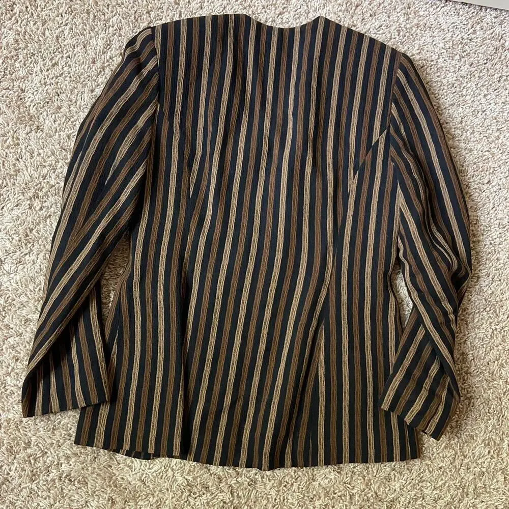 Vintage Christian Dior USA Brown Black Striped Two Piece Blazer Skirt Set Size 8